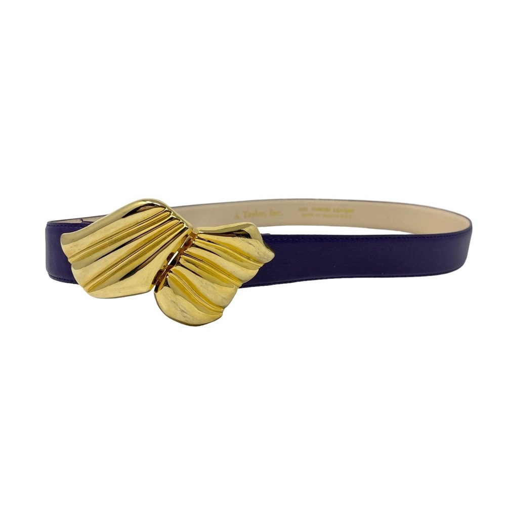 VTG Womens Purple Leather Belt Gold Tone Shell Buckle Fashion Adjustable 90's